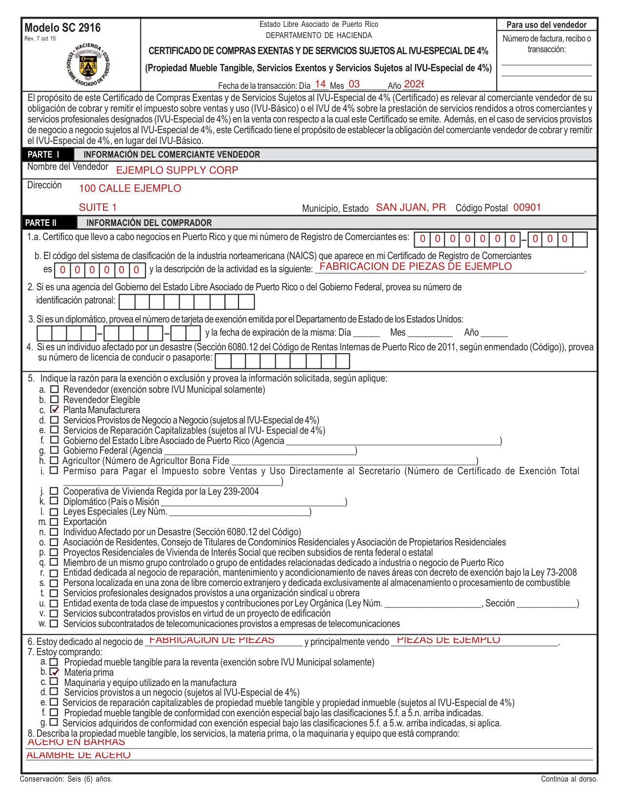 Modelo SC 2916 example filled out, example: a manufacturer buys raw material