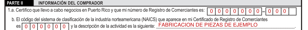 Modelo SC 2916 example filled out, line 1, Registro de Comerciantes y NAICS