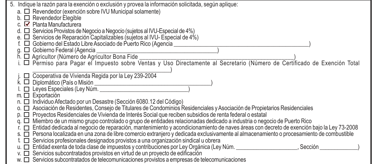 Modelo SC 2916 example filled out, line 5, razón para la exención o exclusión