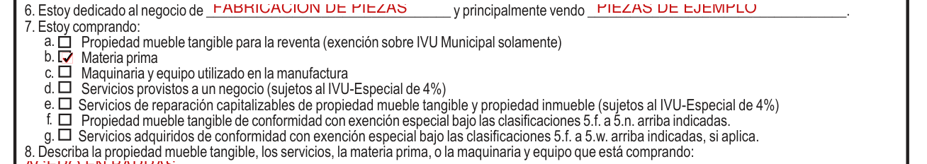 Modelo SC 2916 example filled out, line 7, Estoy comprando