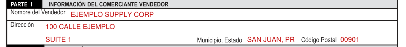 Modelo SC 2916 example filled out, pARTE I, información del comerciante vendedor