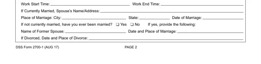 Sc Application Child WorkStartTimeWorkEndTime, NameofFormerSpouse, DateandPlaceofMarriage, IfDivorcedDateandPlaceofDivorce, and DSSFormAUGPAGE fields to complete