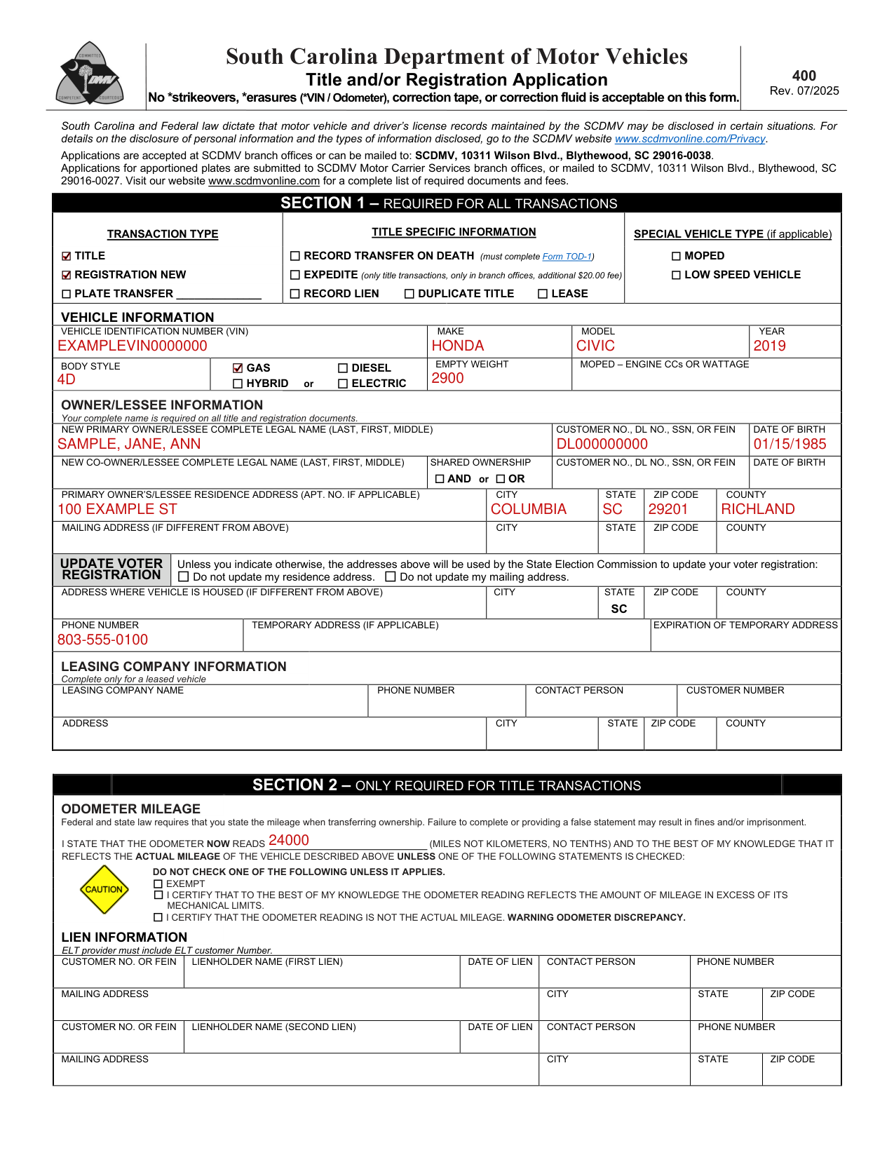 Form 400 example filled out, example: a used car from a dealer