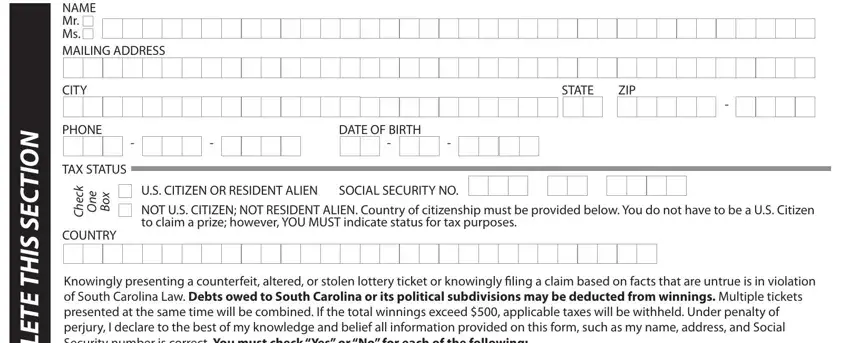 Entering details in south carolina education lottery claim center step 3