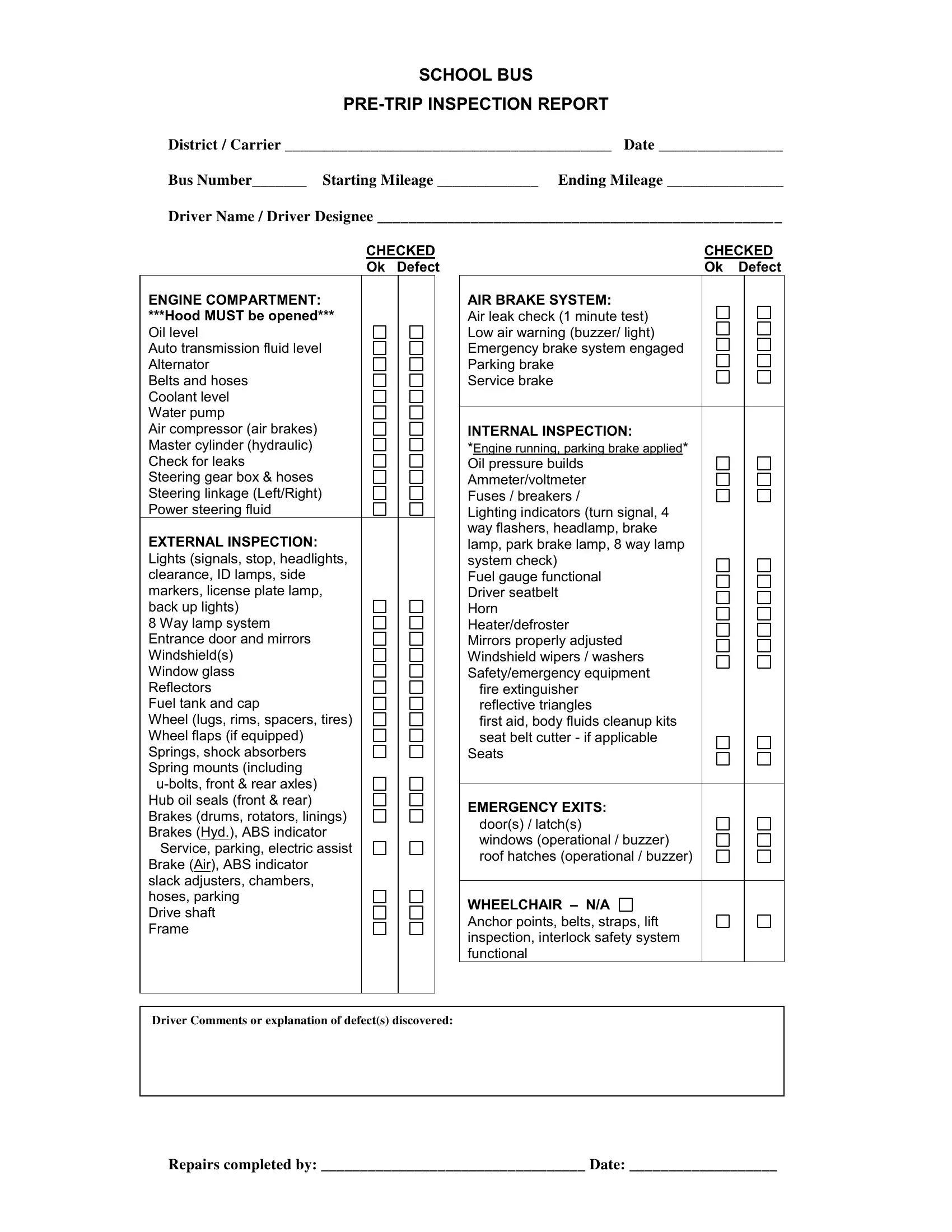 nc school bus pre trip inspection checklist