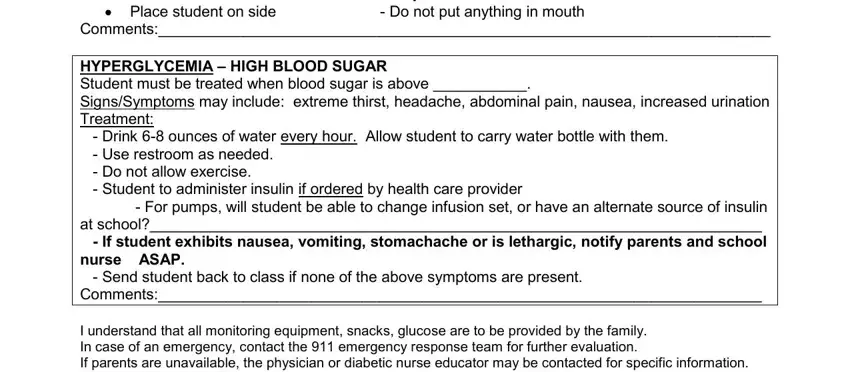 diabetes action plan for school CALL  Place student on side, Stay with student  Do not put, Comments, HYPERGLYCEMIA  HIGH BLOOD SUGAR, and I understand that all monitoring blanks to insert
