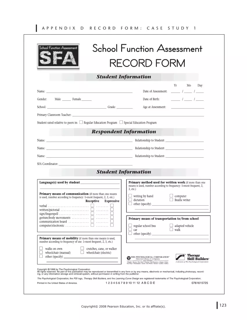 School Function Assessment Form first page preview