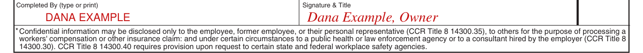 Form E3067 example filled out, completed By, Signature & Title and Date