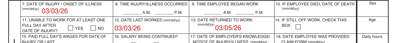 Form E3067 example filled out, dates and times of the injury, boxes 7 to 14