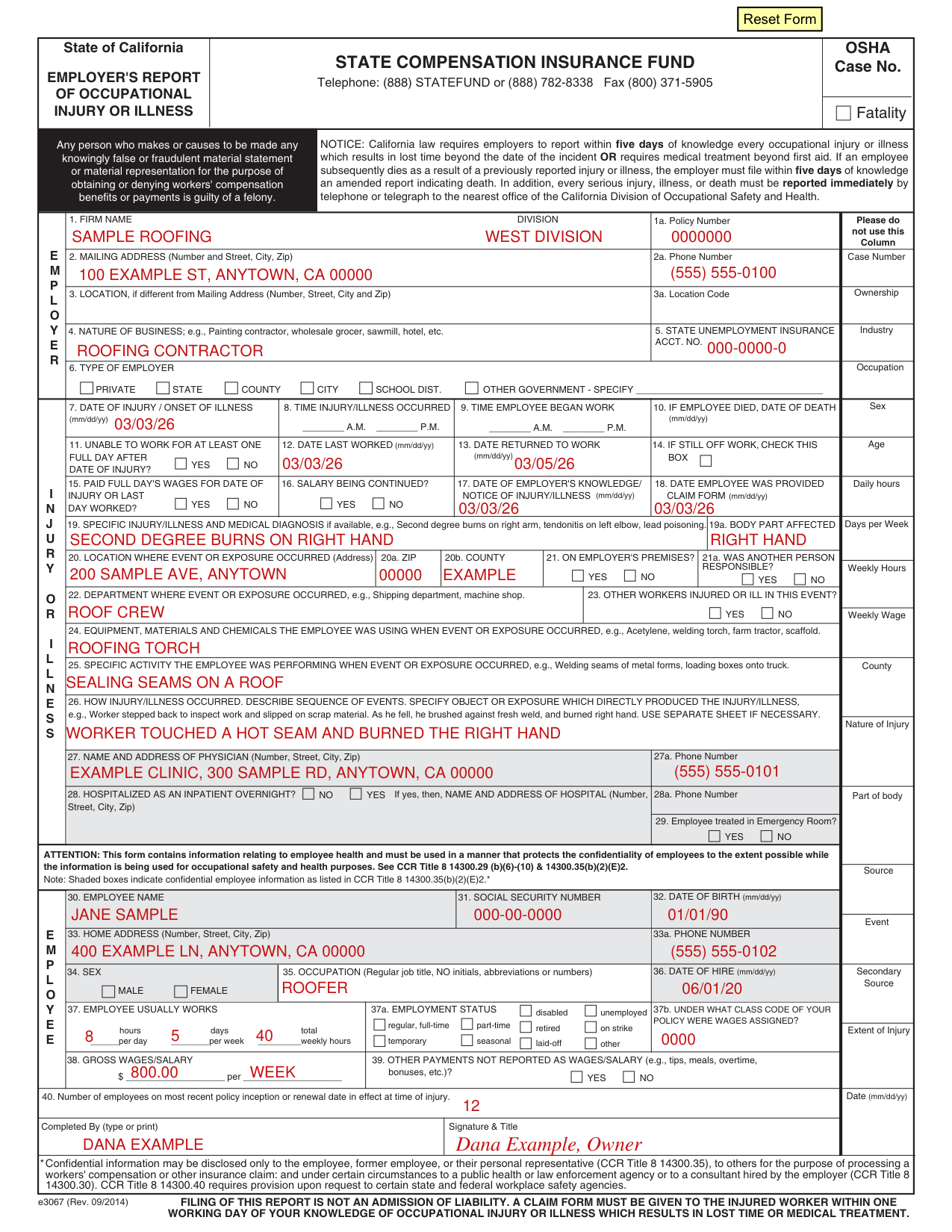 Form E3067 example filled out, example: a roofer burns a hand