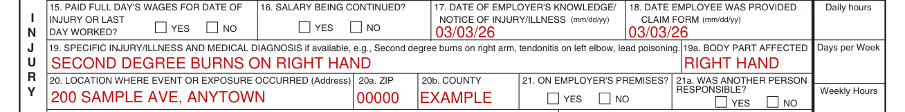 Form E3067 example filled out, notice and the injury, boxes 15 to 19