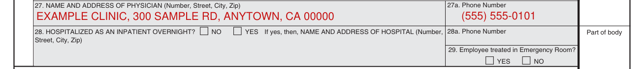 Form E3067 example filled out, physician and hospital, boxes 27 to 29