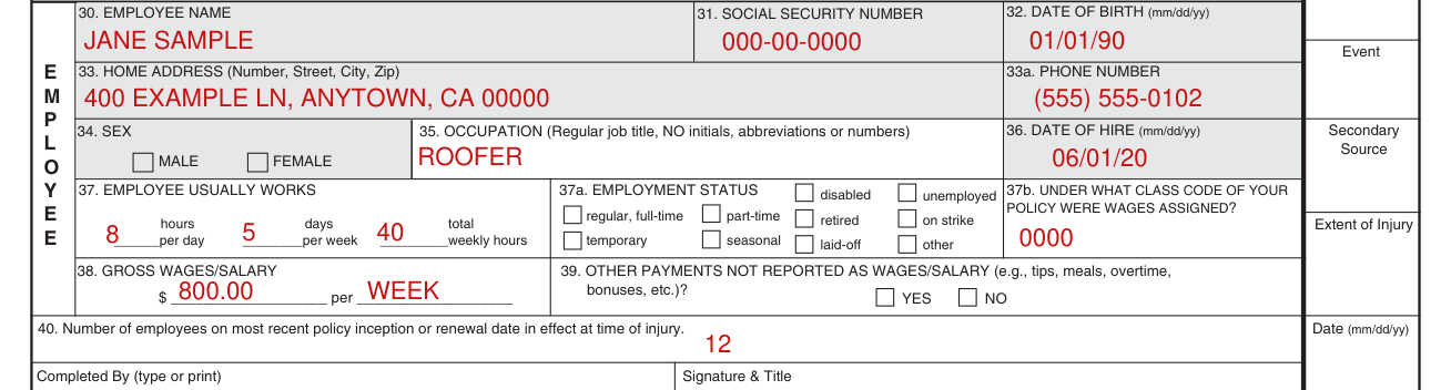 Form E3067 example filled out, the employee, boxes 30 to 40