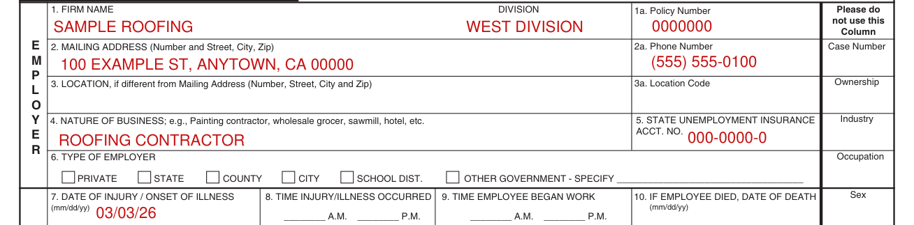 Form E3067 example filled out, the employer, boxes 1 to 6