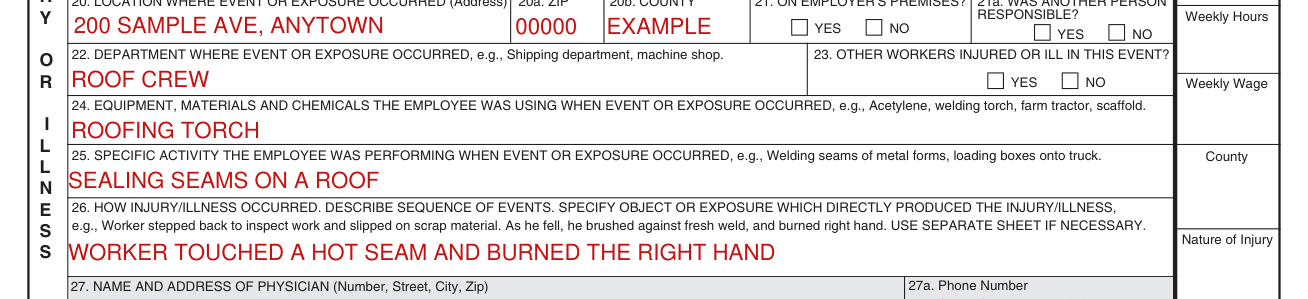 Form E3067 example filled out, where and how the event occurred, boxes 20 to 26