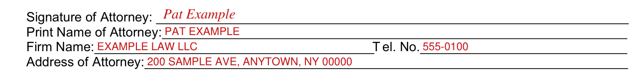 Form SE-1C example filled out, attorney