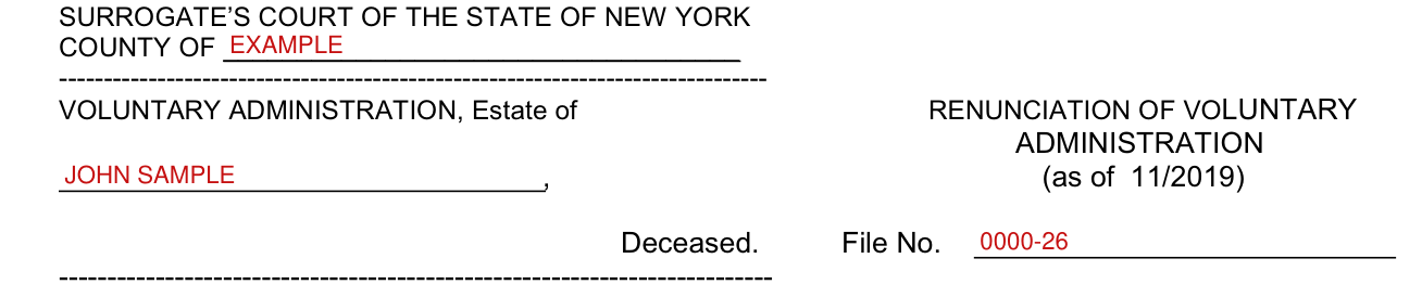 Form SE-1C example filled out, county, estate and file number