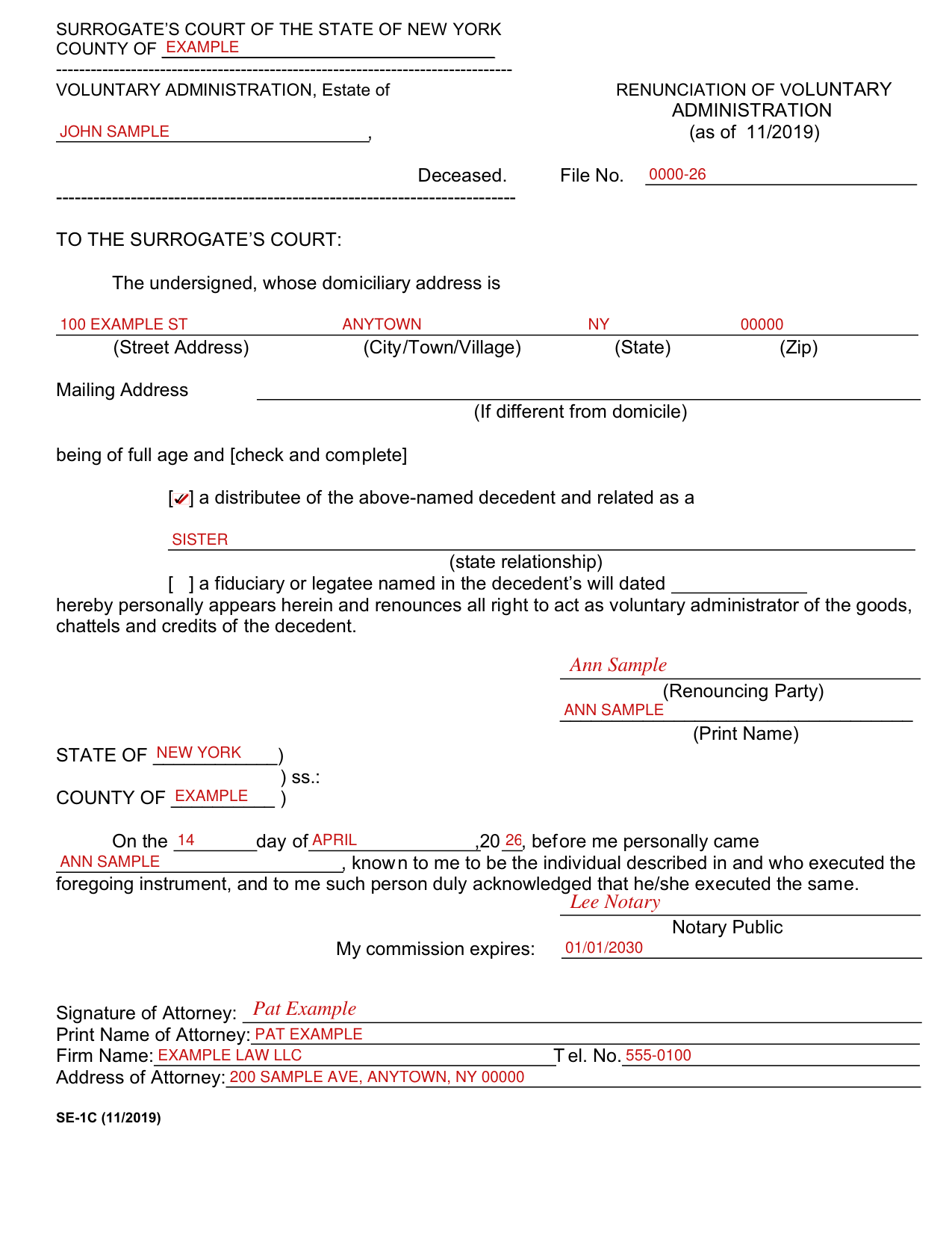 Form SE-1C example filled out, example: a sister renounces voluntary administration