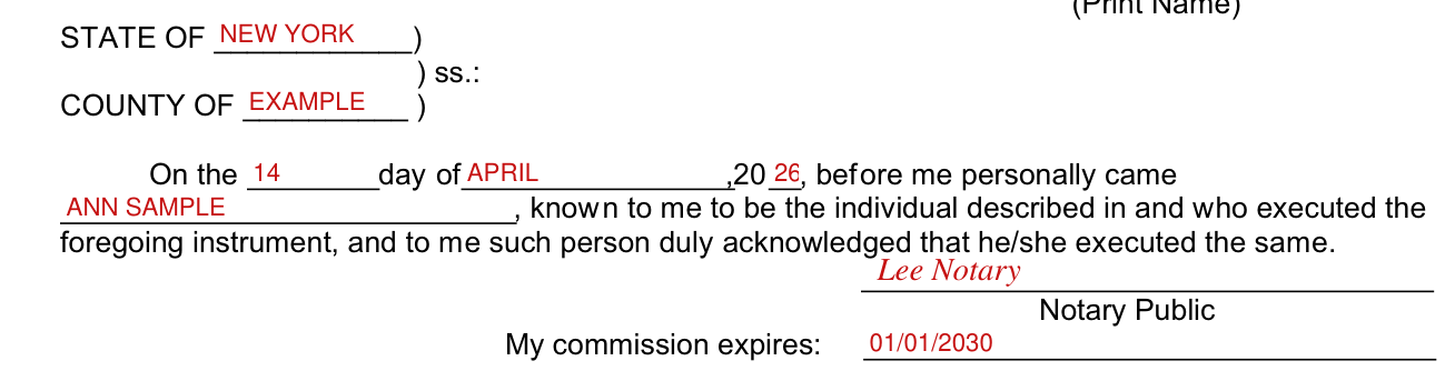 Form SE-1C example filled out, notary Public acknowledgment