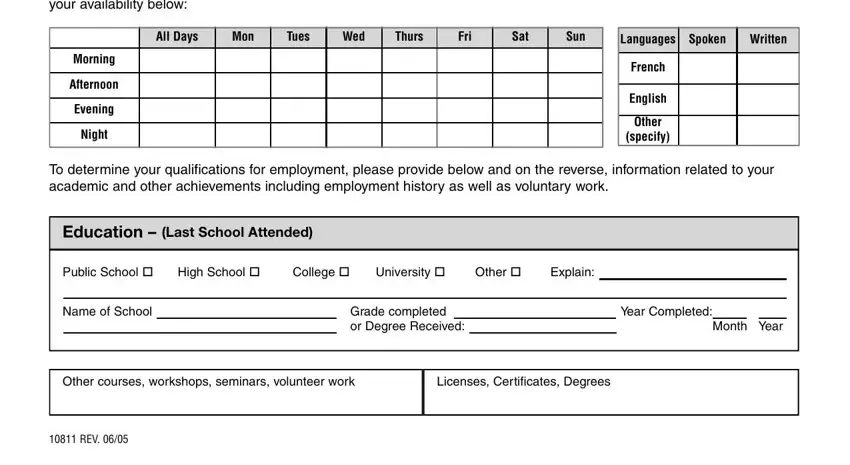 AllDays, Mon, Tues, Wed, Thurs, Fri, Sat, Sun, Languages, Spoken, Written, Morning, Afternoon, Evening, and Night in printable sears hometown employment application