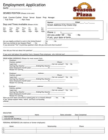 Seasons Pizza Application Form Preview