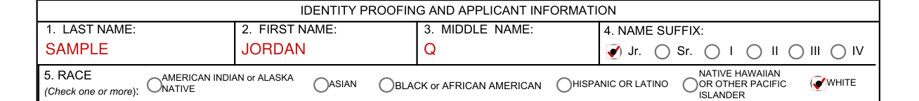 SECNAV 5512/1 example filled out, 1. LAST NAME, 2. FIRST NAME, 3. MIDDLE NAME and 4. NAME SUFFIX