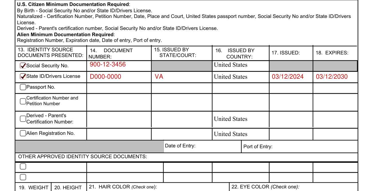 SECNAV 5512/1 example filled out, 13. IDENTITY SOURCE DOCUMENTS PRESENTED, 14. DOCUMENT NUMBER, 15. ISSUED BY STATE/COURT, 16. ISSUED BY COUNTRY, 17. ISSUED and 18. EXPIRES