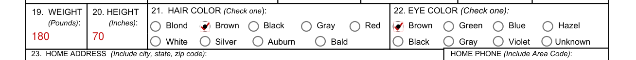SECNAV 5512/1 example filled out, 19. WEIGHT, 20. HEIGHT, 21. HAIR COLOR and 22. EYE COLOR