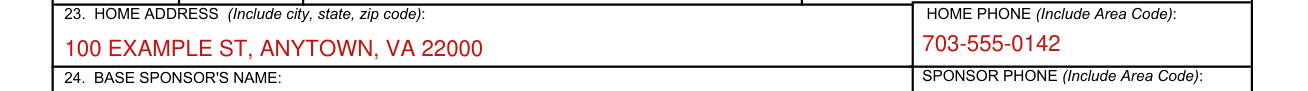 SECNAV 5512/1 example filled out, 23. HOME ADDRESS and HOME PHONE