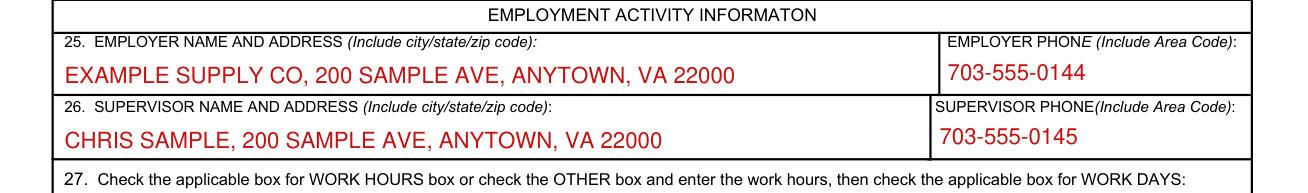 SECNAV 5512/1 example filled out, 25. EMPLOYER NAME AND ADDRESS and 26. SUPERVISOR NAME AND ADDRESS