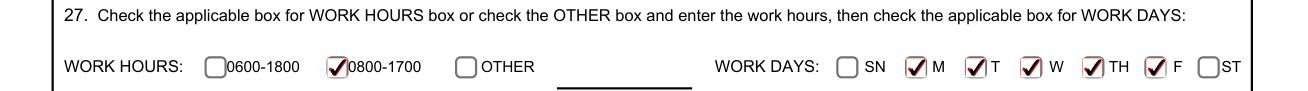 SECNAV 5512/1 example filled out, 27. WORK HOURS and WORK DAYS