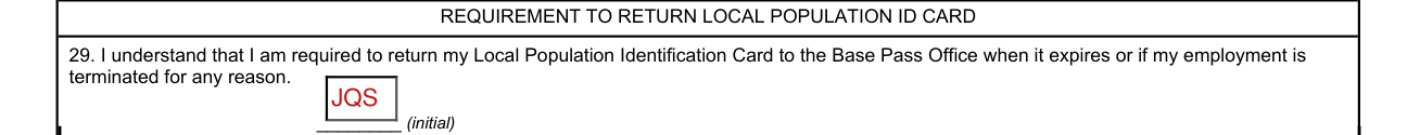 SECNAV 5512/1 example filled out, 29. REQUIREMENT TO RETURN LOCAL POPULATION ID CARD