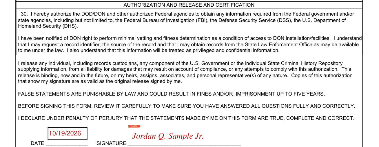 SECNAV 5512/1 example filled out, 30. AUTHORIZATION AND RELEASE AND CERTIFICATION, SIGN and DATE