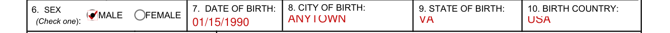 SECNAV 5512/1 example filled out, 6. SEX, 7. DATE OF BIRTH, 8. CITY OF BIRTH, 9. STATE OF BIRTH and 10. BIRTH COUNTRY