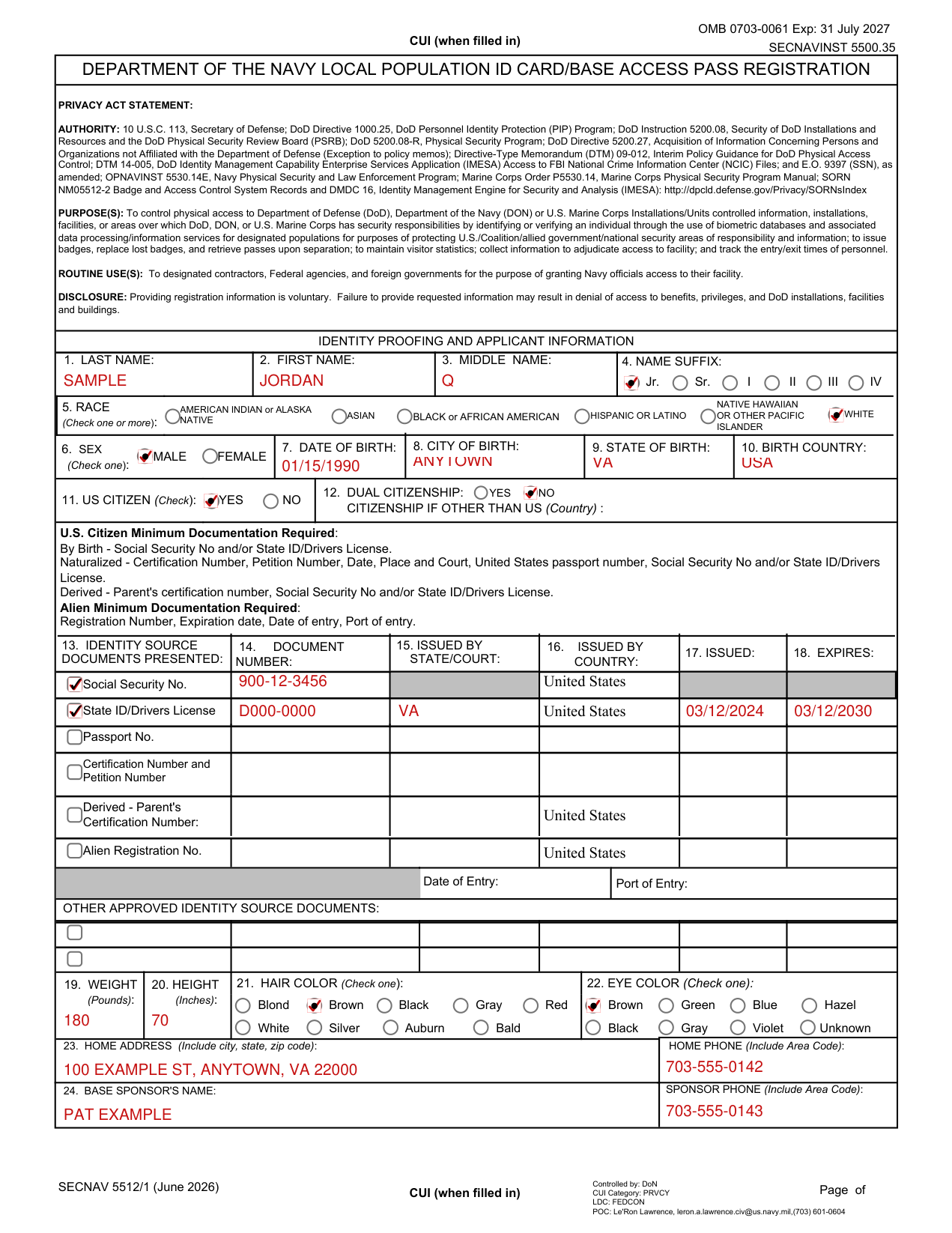SECNAV 5512/1 example filled out, example: a U.S. citizen by birth registers for a Base Access Pass