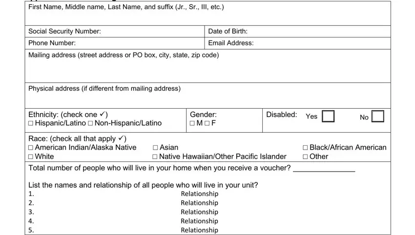 application for housing assistance form DateofBirthEmailAddress, GenderMF, BlackAfricanAmericanOther, Disabled, and Yes blanks to insert