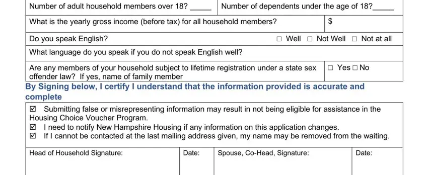 application for housing assistance form List the names and relationship of, What is the yearly gross income, Do you speak English, Well  Not Well  Not at all, What language do you speak if you, Are any members of your household, Yes  No, Head of Household Signature, Date, Spouse CoHead Signature, and Date fields to insert