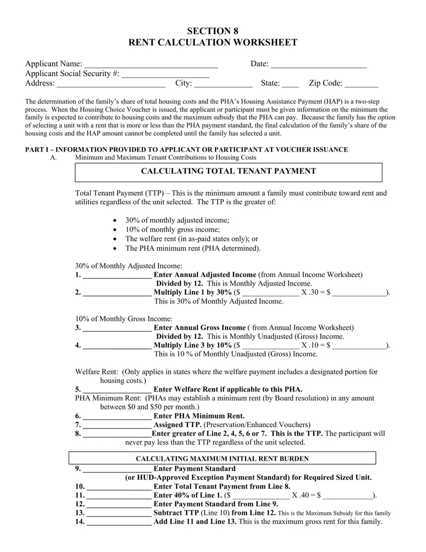 Section 8 Rent Calculation Worksheet first page preview