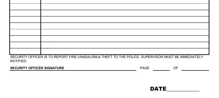 patrol log template SECURITY OFFICER IS TO REPORT, SECURITY OFFICER SIGNATURE, PAGE, and DATE blanks to fill