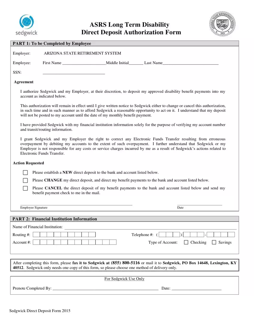 Sedgwick Direct Deposit Form first page preview
