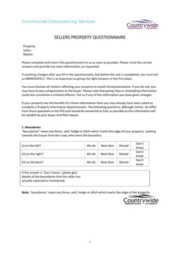 Seller Property Questionnaire Form Preview