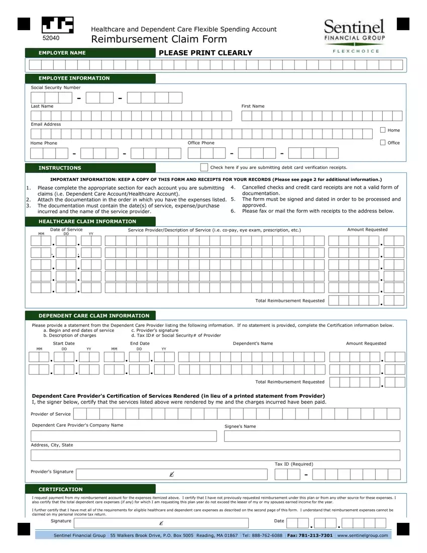 Sentinel Benefits Reimbursement Claim Form first page preview