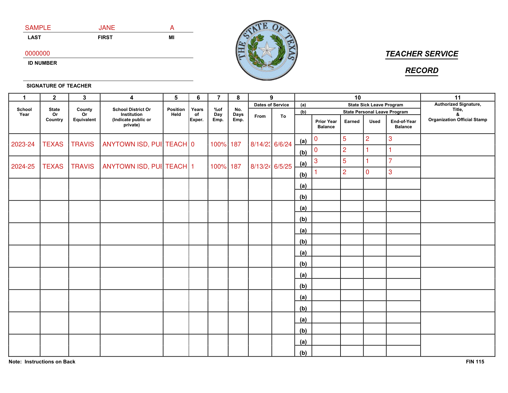 Form FIN-115 example filled out, example: a school district records two years of a teacher's service