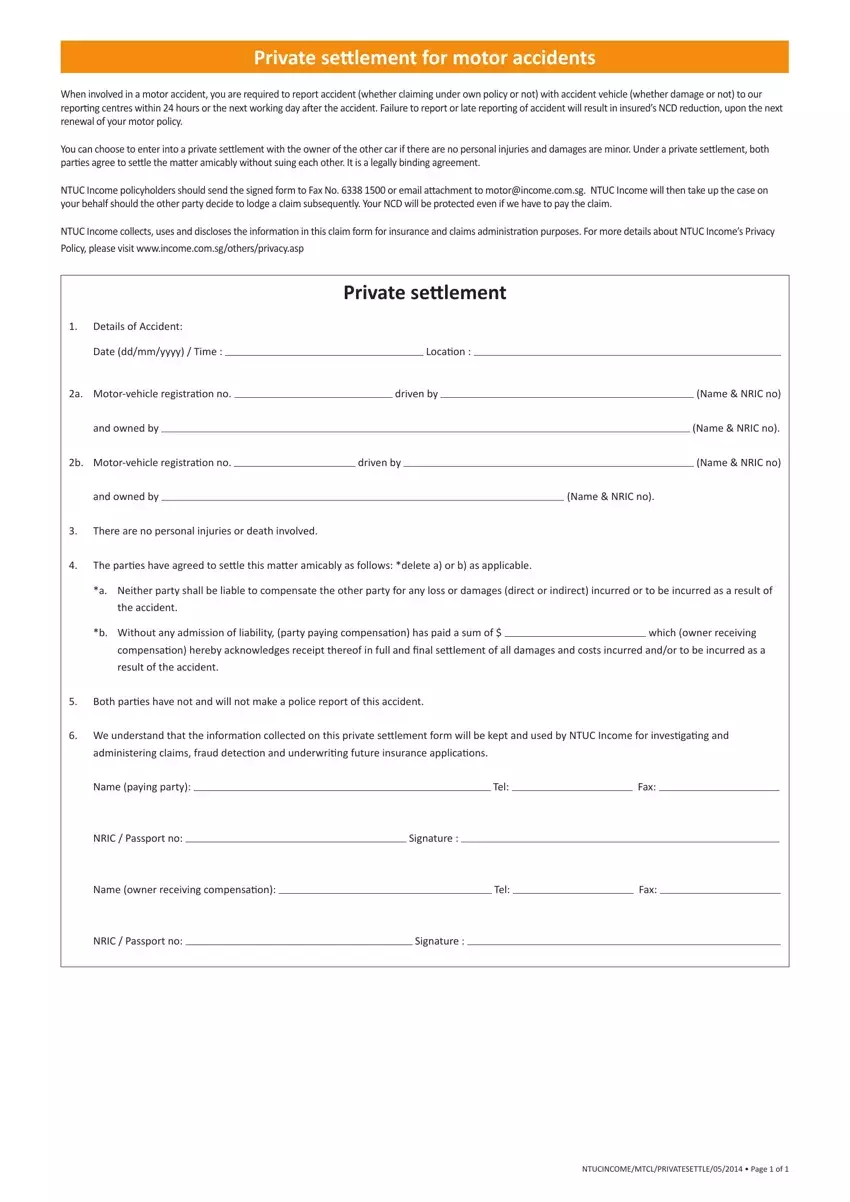 Settlement Form Motor Accident first page preview