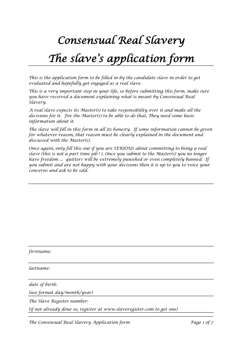 Sex Slave Form first page preview