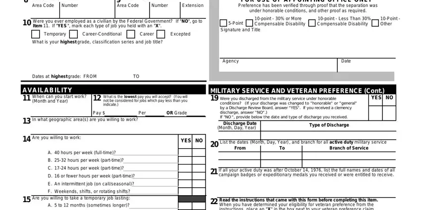 sf 171 form Temporary, CareerConditional, Career, Excepted, Point, pointorMoreCompensableDisability, pointLessThanCompensableDisability, PointOther, SignatureandTitle, DatesathighestgradeFROM, Agency, Date, MonthandYear, Pay, and Per fields to complete