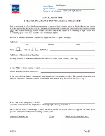 Shelter Insurance Scholarship S 32 S Form Preview