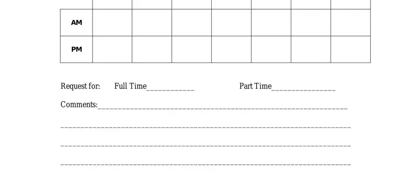 blank availability sheet Request for Full Time Part Time, and Comments fields to insert