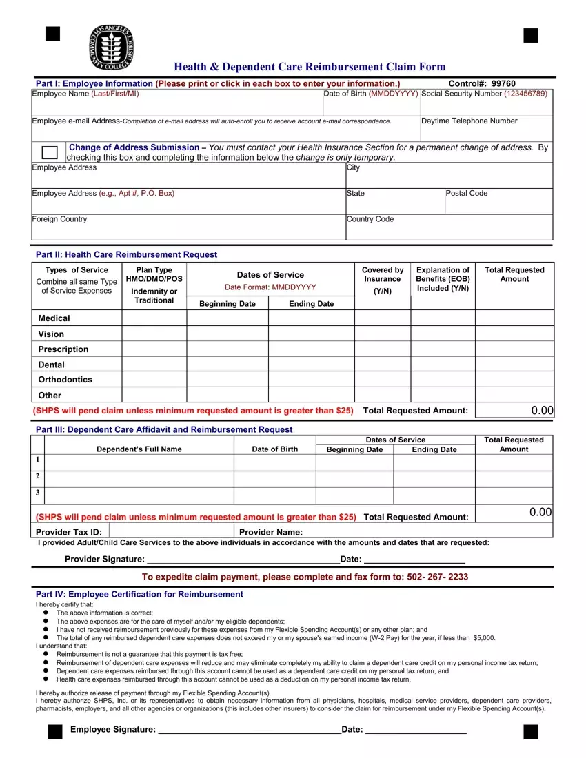 Shps Reimbursement Form first page preview