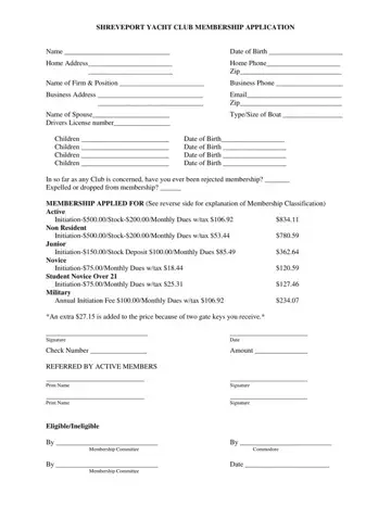 Shreveport Yacht Club Membership Form Preview